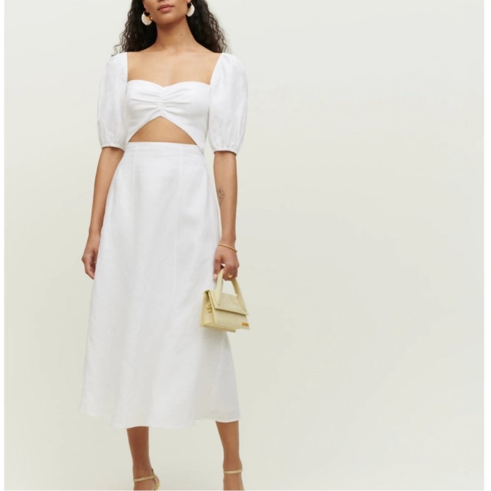 Reformation Pompano White Linen Puff Sleeve Midi Dress with Cutout Detail Size 4